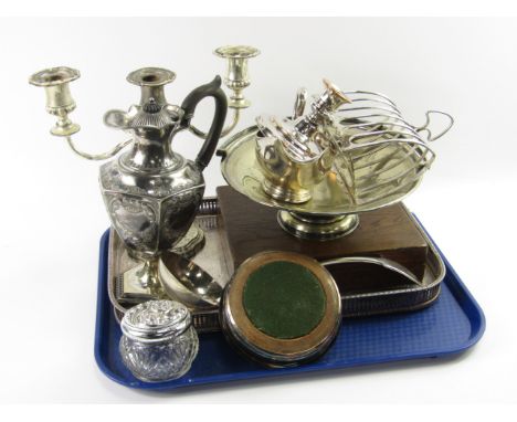 Plated wares, including a galleried tray, candelabra, fish knives and forks, boxed, six division toast rack and a crested sou