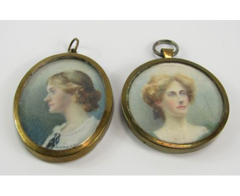 Two portrait miniatures of ladies, circa 1900, watercolour on ivory, one signed, circular 8.5cm diameter, oval 6cm x 4.5cm