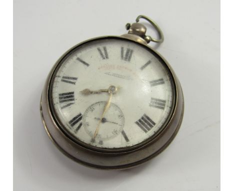 A Victorian silver pair cased pocket watch, open faced, key wind, E Goodacre, Billingborough, enamel dial bearing Roman numer