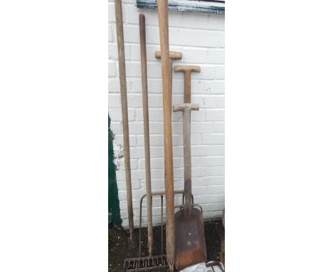 Vintage horticultural tools, including beat knives, potato forks, rakes, etc.