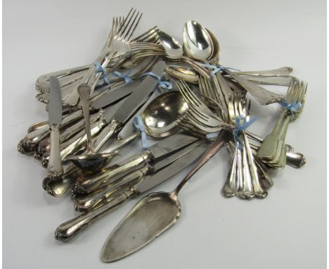 BSF plated flatware, comprising a pair of serving spoons, slice, twelve table forks and knives, spoons, and dessert forks, sa