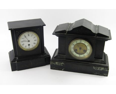 Two Victorian slate mantel clocks, one of architectural form, brass dial, enamel chapter ring bearing Arabic numerals, eight 