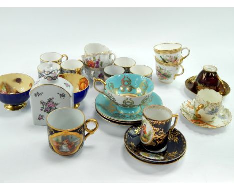 Ceramics, including a Carltonware Rouge Royale coffee cup and saucer, Aynsley tea cups and saucers decorated with fruit, Meis