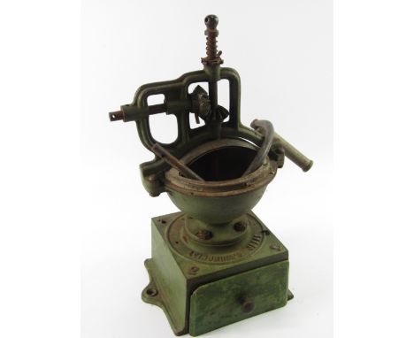 A Leinbrock's Ideal coffee grinder, No 2, D.R.G.M., green metal casing with wooden drawer front, 26cm x 19cm x 43cm.