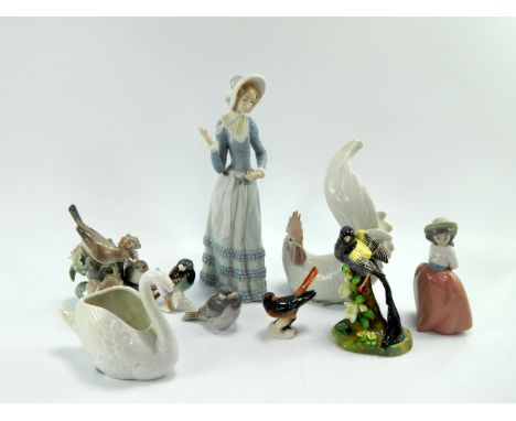 Ceramics, including a Lladro cockerel, Royal Copenhagen sparrow, two Goebbels birds, Nao girl and a Crown Staffordshire figur