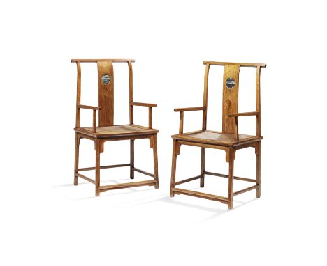 A RARE PAIR OF HUANGHUALI MARBLE-INSET HIGH-BACK ARMCHAIRS, GUANMAOYI17th/18th centuryEach chair with a flat crestrail suppor