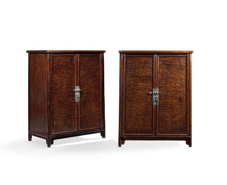 A PAIR OF RARE HUANGHUALI, BURLWOOD AND FRUITWOOD ROUND-CORNER CABINETS, YUANJIAOGUI17th/18th centuryEach sloping-stile cabin