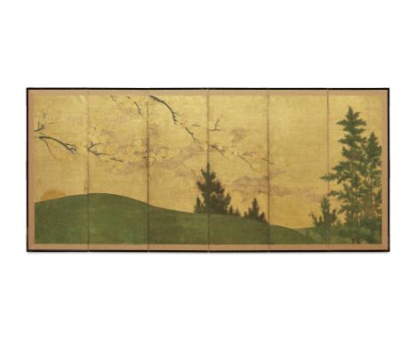 ANONYMOUSCedars and Maple at Sunset, Edo Period (1615-1868), 18th/19th centuryA six-panel folding screen painted in ink, mine