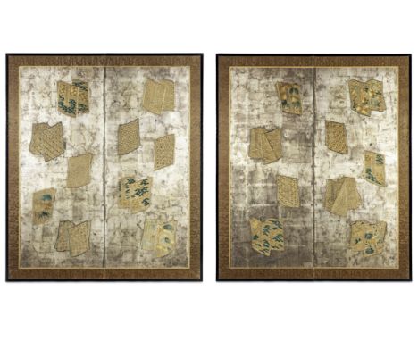 AnonymousJapan, Books, 18th/19th centuryA pair of two-panel folding screens decorated with pieces probably from costumes for 