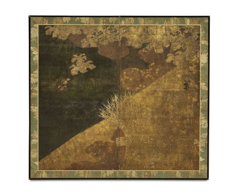 ANONYMOUSBrushwood Fence Beneath Fruiting Vine, Edo Period (1615-1868), 17th/18th centuryA two-panel folding screen painted i