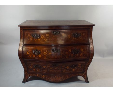 A Good Dutch Marquetry Bombe Commode Chest of Three Long Drawers on Ormolu Mounted Bracket Feet. 103 x 53 x 87 Cm. 
