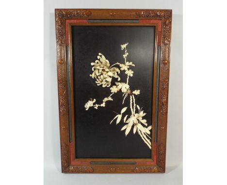 A Late 19th Century Framed Oriental Panel Depicting Chrysanthemum in Ivory and Bone, 91 x 60 Cm Including Frame.