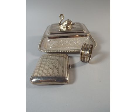 A Silver Cigarette Case, Birmingham 1919; A Silver Napkin Ring, Birmingham 1972 and A Silver Plate Mounted Butter Dish with S