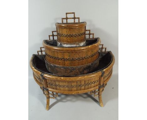 A Chinoiserie Demi Lune Three Tier Bamboo Planter with Metal Trays. 96 Cm Wide, 75 Cm High. 
