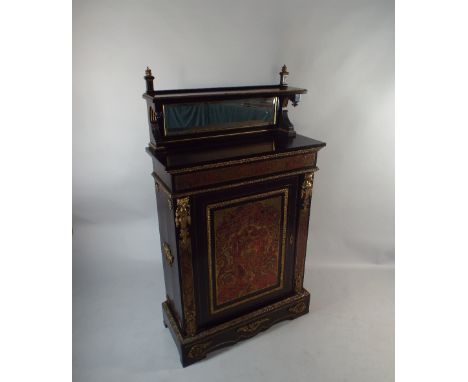 A Pretty 19th Century French Ebonised Pier Cabinet with Ormolu Mounts and Boulle Panels. Raised Gallery Shelf Over Mirror. 85