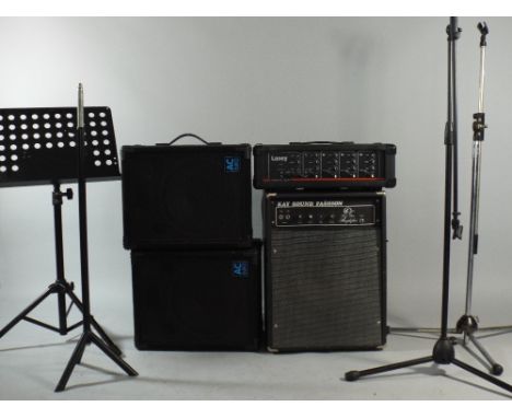 A Laney Amplifier, Theatre 120 x 4 Together with a Pair of AC Euro Speakers, Vintage Kay Sound Fashion Amplifier, Music Stand