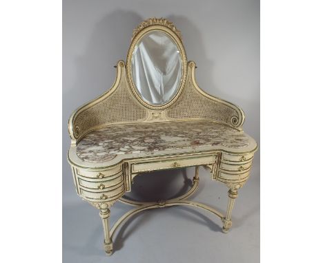 A Cream and Gilt Marble Top Ladies Dressing Table having Centre Drawer Flanked by Three Bow Fronted Small Drawers Either Side