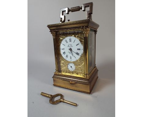 A Gilt Brass French Four Glass Carriage Clock with Alarm and Repeater Movement. Late 20th Century but Dial Inscribed L'Epee, 