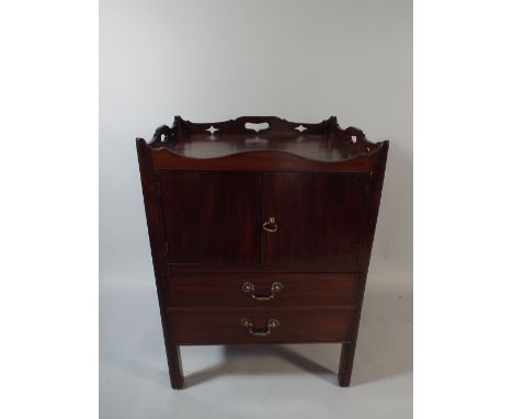 A Georgian Mahogany Tray Top Commode with Adapted Pull Out Base Drawer. Gallery Pierced with Hand Grips. 61 x 49 x 83 Cm High