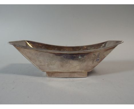 A Chinese Silver Boat Shaped Bowl with Etched Floral Design and The Remnants of Enamel Decoration. 15.5 Cm Long, Hallmarks to