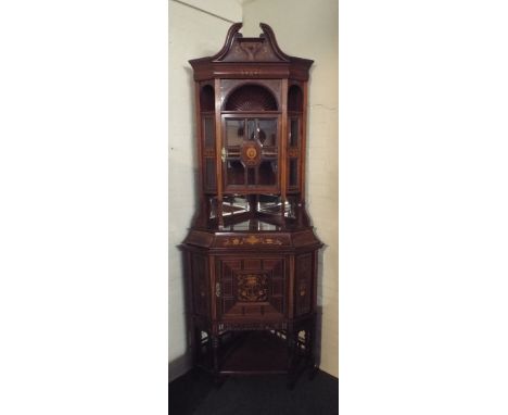 A Good Quality Inlaid Edwardian Mahogany Double Freestanding Corner Cabinet Having Panelled Door to Centre Cupboard Over Stre