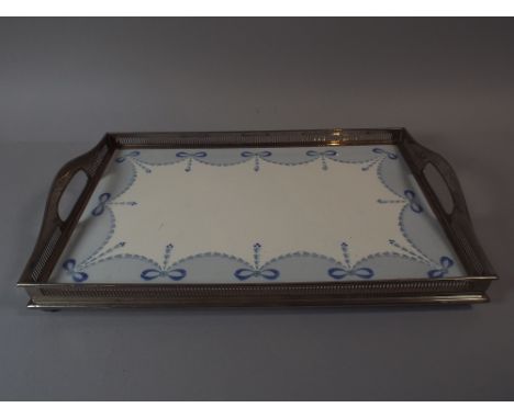 A WMF Pierced Rectangular Gallery Tray and Blue and White Ceramic Base Decorated with Swags and Bows, 40 x 26 Cm. 