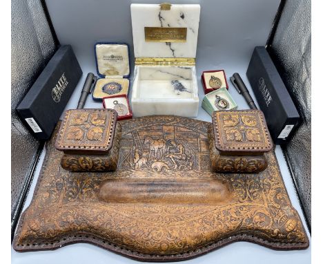 Assorted items to include Arts &amp; Crafts Tooled Leather Inkwell Desk Piece, Mable Box made from marble Taken from the wall