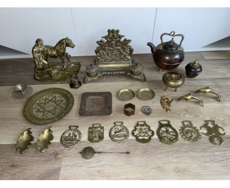 assorted Brass items to include Antique Ornate Victorian Dual Inkwell Pen Holder and Letter Holder, Brass Decorative Ornament