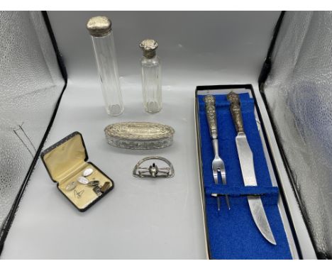 Quantity of HM Silver items to include HM Silver Scent Bottles, HM Silver Handle Carving Set, Ladies Powder Trinket Pot and o