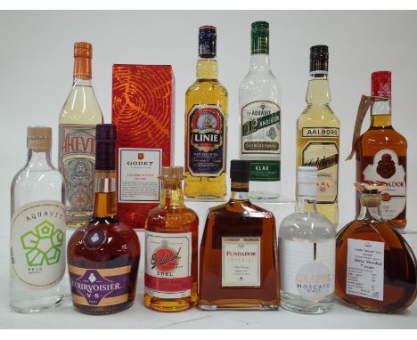 12 MIXED BOTTLES OF SPIRITSMeir Aquavit No 1; Courvoisier VS Cognac; Arcus Opland Edel Port Casks (50cl); Fundador Imperial B