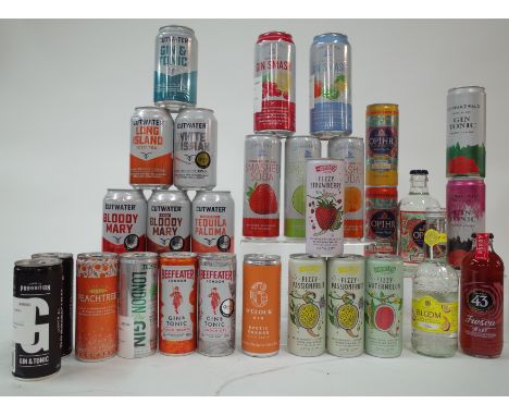 26 CANS AND 3 BOTTLES PRE-MIXED DRINKSProhibition G+T 25cl; De Kuyper Peachtree, Watermelon, Strawberry + 2 x Passionfruit 25