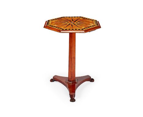 A early Victorian Irish mahogany, satinwood, ebony and marquetry tripod table
The octagonal stellar inlaid moulded top, centr