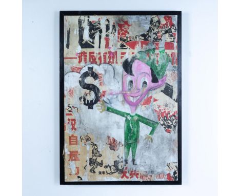 Original mixed media on wood by Post-Contemporary artist and filmmaker Greg Haberny who uses visual humor to denounce societa