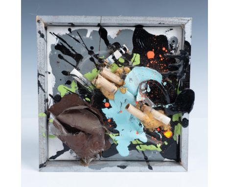 Original three-dimensional mixed media on framed canvas entitled Jackson Pollock's Effort to Quit by Post-Contemporary artist