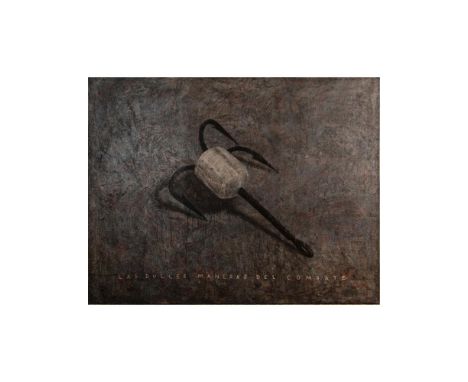 Titled: Las Dulces Maneras Del Combate. This large acrylic painting includes a sharp-edged anchor with a cement core that is 