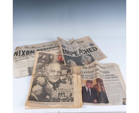 Original newspapers with historic headlines include The Miami Herald: Nixon Resigns, 1974; The New York Times: Clinton Impeac