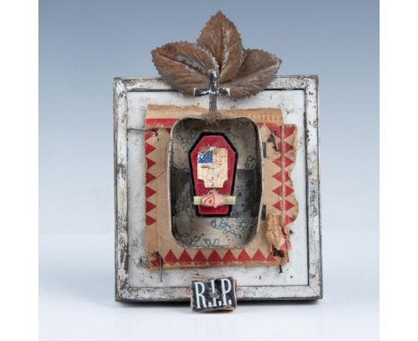 Original three-dimensional mixed media assemblage on wood by Post-Contemporary artist and socio-political filmmaker Greg Habe