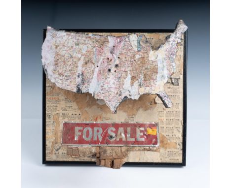 Original mixed media on wood assemblage entitled For Sale by Post-Contemporary art iconoclast Greg Haberny who uses found obj