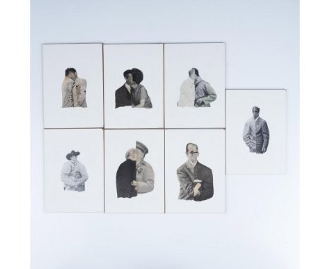 Seven small gesso boards each featuring two cut out halves of black and white photographs, placed together to depict a connec