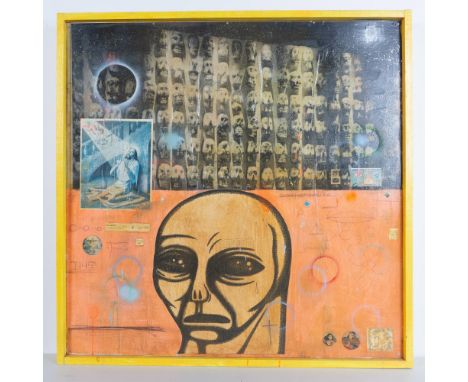 Original mixed media artwork on scavenged wood entitled Slave Cylinder by Chicano Neo-Pop Expressionist duo Armando Lerma and