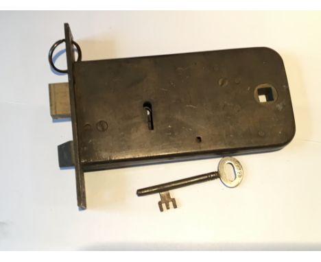 A chubb solid brass horizontal mortise sash lock with unusual offset original key numbered 15.  Working. Size