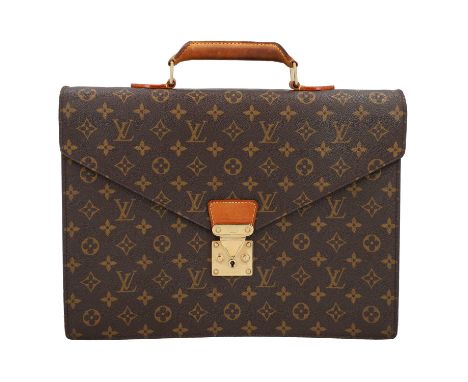 LOUIS VUITTON Aktentasche "SERVIETTE CONSEILLER" Koll. 2004. Monogram Canvas Serie mit naturbelassenem Leder und goldfarbener