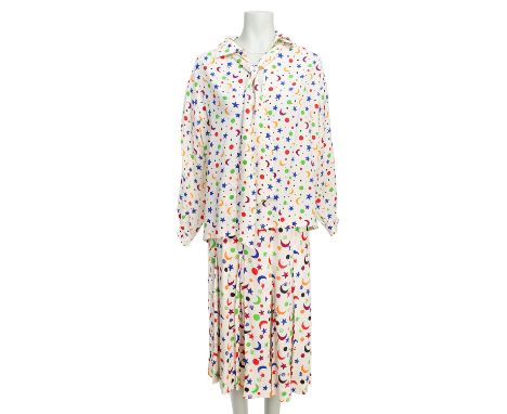 SAINT LAURENT RIVE GAUCHE VINTAGE Ensemble, Gr. 42 (fr. 44). Koll.: 1979 S/S. Cremefarbenes Crepe mit Mond und Sterne in Mult
