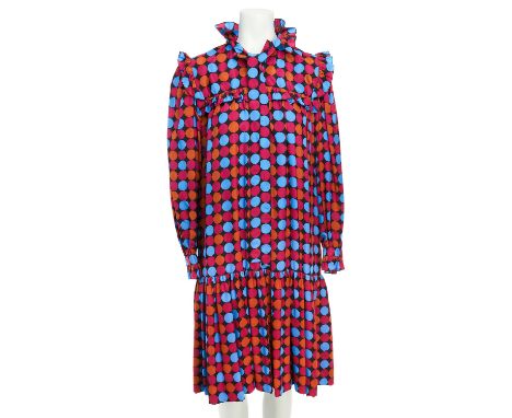 SAINT LAURENT RIVE GAUCHE VINTAGE Kleid, Gr. 38 (fr. 38). Schwarzer Grund mit Punkten in Magenta, Orange und Blau, Rüschendek