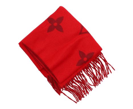 LOUIS VUITTON Schal "REYKJAVIK", akt. NP.: 790,-€. 100% Kaschmir. Rubis / Rot mit Monogram Design und Fransenabschluss. Sehr 