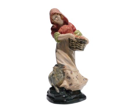 Hand decorated Royal Doulton earthenware figurine. The female figure is depicted wearing a long patterned skirt adorned with 