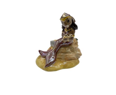 Rare Prototype color variation hand decorated figure of a bunny depicted as a mermaid. Red mermaid tail and crown with gilt a