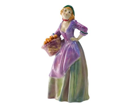 Orange Seller HN1325 by Royal Doulton depicts a confident young woman in a lilac blouse and flowing green skirt, holding a fu