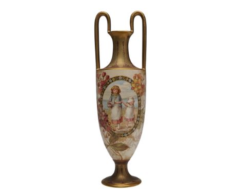 Doulton Burslem porcelain vase featuring a hand-painted figural scene of two young girls walking along a coastal path. One gi