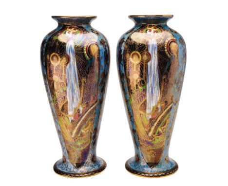 Exquisite pair of Wedgwood Fairyland Lustre vases designed by Daisy Makeig-Jones. These tall and elegant vases showcase the i